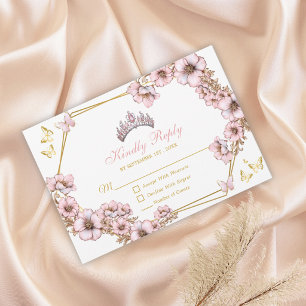 Cartão RSVP Pink Golden Tiara Borboleta Quinceañera