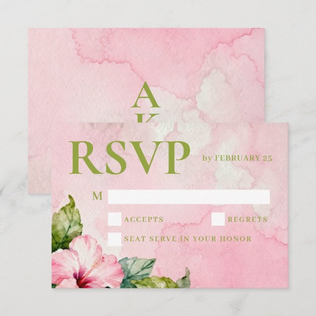 Cartão RSVP Pink Green Floral Summer Watercolor Wedding (Frente/Verso)