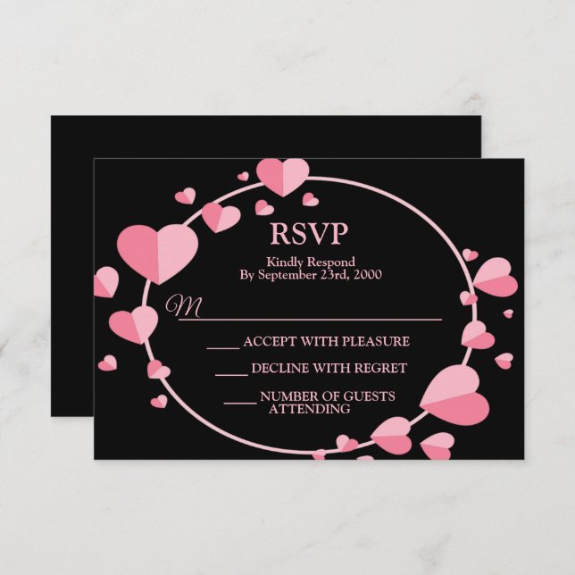 Cartão RSVP Pink Heart Black Geometric Wedding Party Elegant (Frente/Verso)