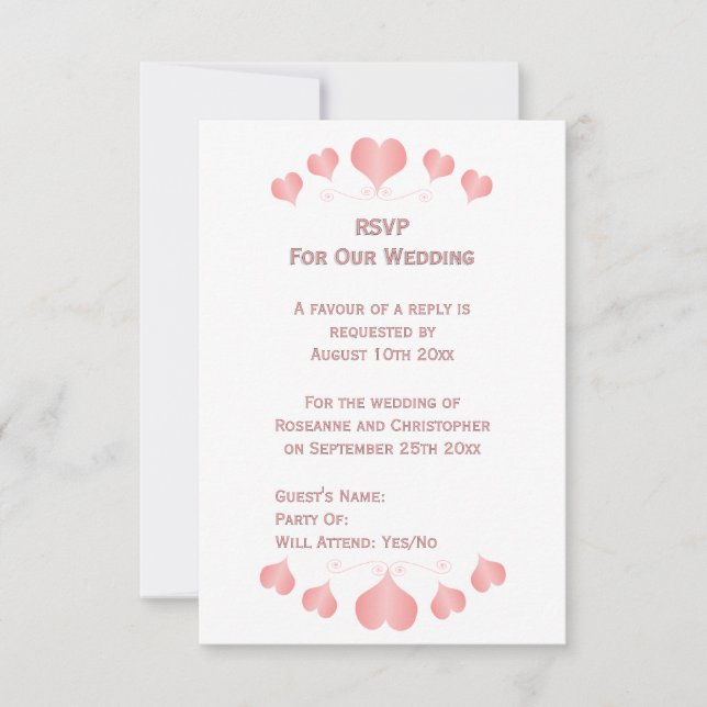Cartão RSVP Pink Hearts Design Wedding (Frente)
