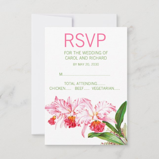 Cartão RSVP Pink Orchids Watercolor Wedding (Frente)