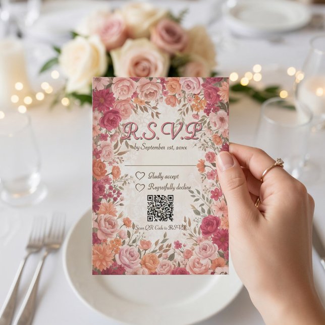 Cartão RSVP Pink & Red Romantic Spring Floral QR Code Wedding (Criador carregado)