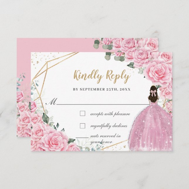 Cartão RSVP Pink Roses Floral Quinceanera Princess Dress Reply (Frente/Verso)