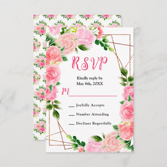 Cartão RSVP Pink Roses with Foliage Wedding (Frente/Verso)