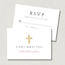 Cartão RSVP Pink Script Religious Cross Girl Confirmation