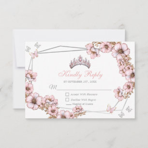Cartão RSVP Pink Silver Tiara Borboleta Quinceañera