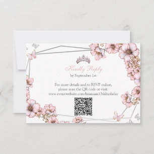 Cartão RSVP Pink Silver Tiara Borboleta Quinceañera
