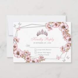 Cartão RSVP Pink Silver Tiara Butterfly Quinceañera