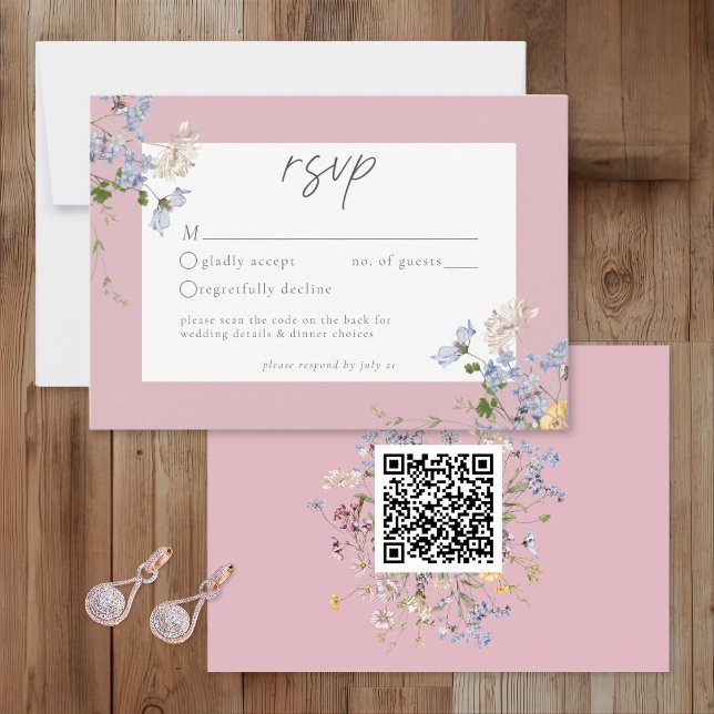 Cartão RSVP Pink Wildflower Garden Elegant Wedding QR (Criador carregado)