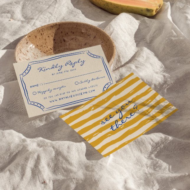 Cartão RSVP Pinstripes Escrito Pintado Casamento Italiano (Criador carregado)