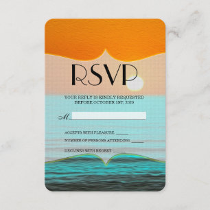 Cartão RSVP Pintura do nascer da praia em Orange Sky & Teal Wa