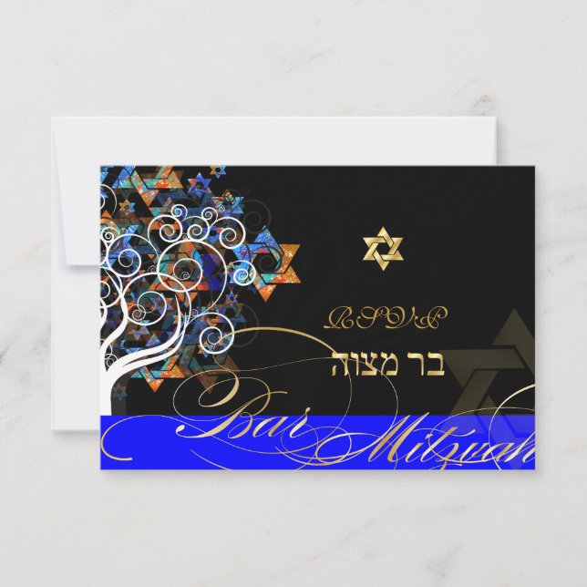 Cartão RSVP PixDezines árvore da vida+estrelas, Bar Mitzvah (Frente)