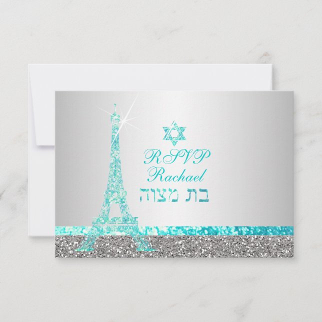 Cartão RSVP PixDezines faux glitter eiffel/bat mitzvah (Frente)