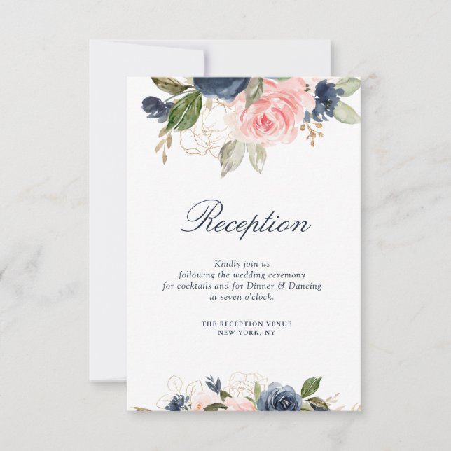 Cartão RSVP Placa de recepção de casamento para marinho e flor (Frente)