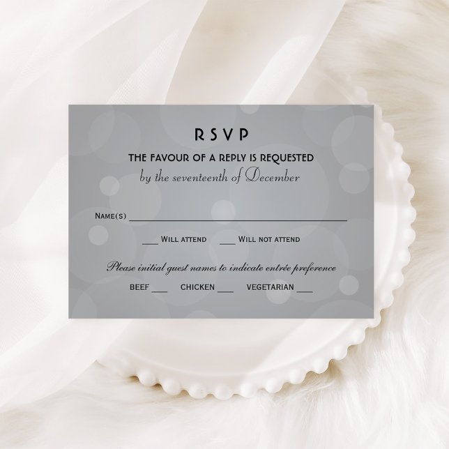 Cartão RSVP Platina Elegante e Casamento Negro (Criador carregado)