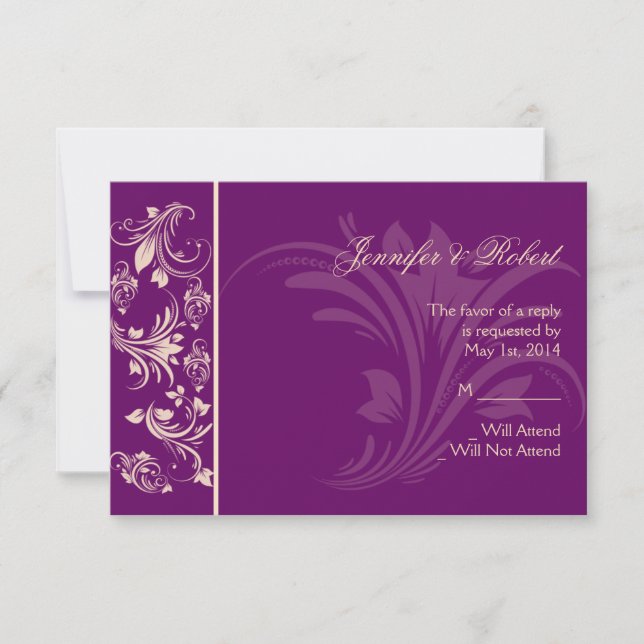 Cartão RSVP Plum and Champagne Floral Scroll Response Card (Frente)