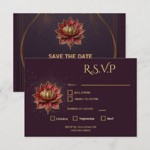 Cartão RSVP Plum Gothic Save the Date Elegante Lótus Dourado