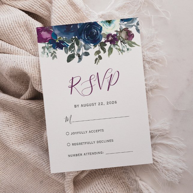 Cartão RSVP Plum Watercolor Marinho Floral Casamento Azul (Criador carregado)