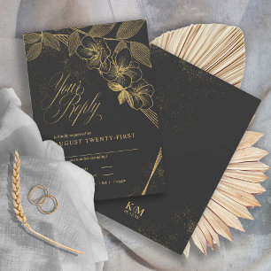 Cartão RSVP Poeira Dourada & Contornos Casamento Preto/Ouro ID