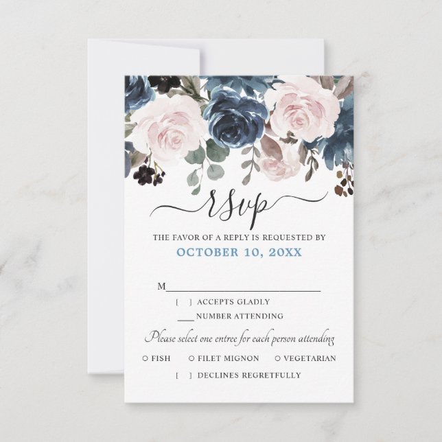 Cartão RSVP Poético Azul Rosa Floral Botânico Casamento (Frente)