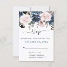 Cartão RSVP Poético Rosa Floral Botânico Casamento Azul Empoei