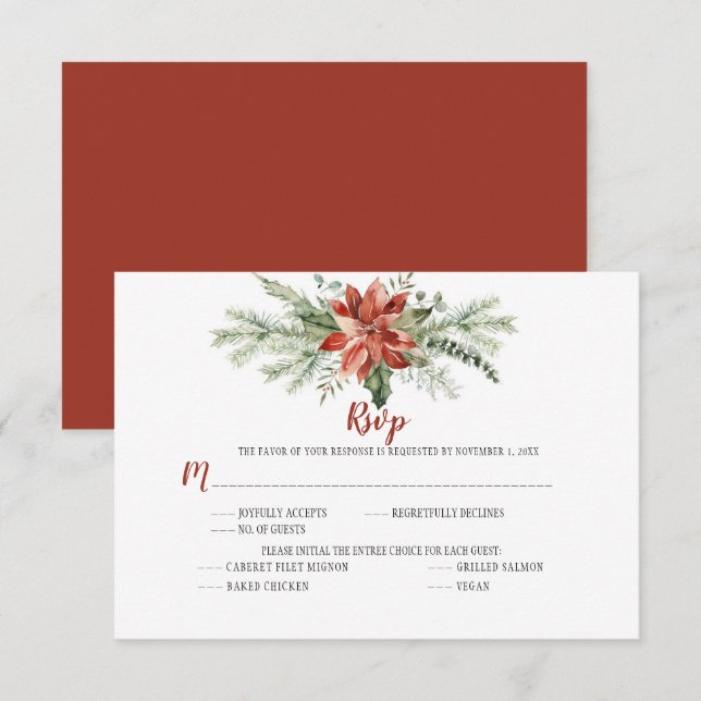 Cartão RSVP Poinsétia Vermelha Elegante Natal Sempre Verde RSV (Frente/Verso)