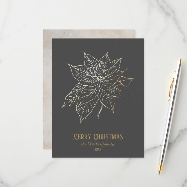 Cartão RSVP Poinsettia Dourada Elegante em Fundo Escuro (Frente/Verso In Situ)