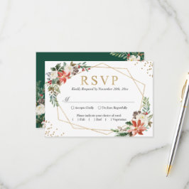 Cartão RSVP Poinsettia Ivory Floral Frame Dourado Geométrico R