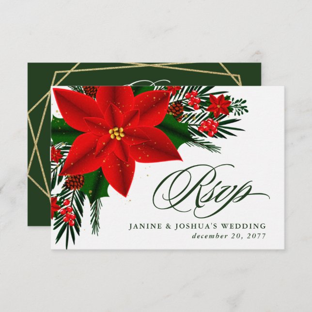 Cartão RSVP Poinsettia Vermelha Folhagem de Pinheiro Natal Cas (Frente/Verso)