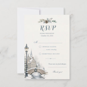 Cartão RSVP Ponte Nevada de Inverno Vila Pitoresca Casamento V