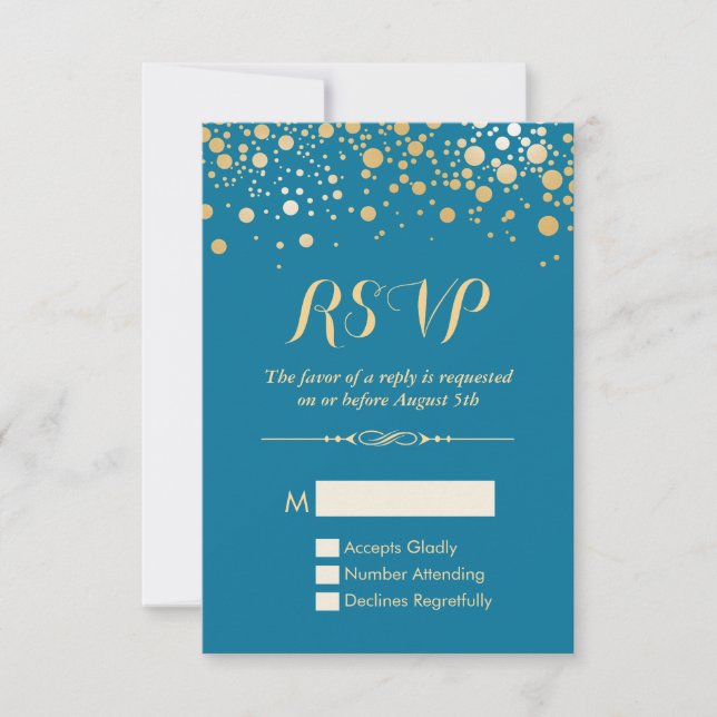 Cartão RSVP - Pontos Confetti Dourados - Azul Real (Frente)