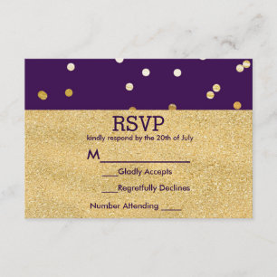 Cartão RSVP Pontos de Confete Roxo e Dourado Brilhante Chic Mo