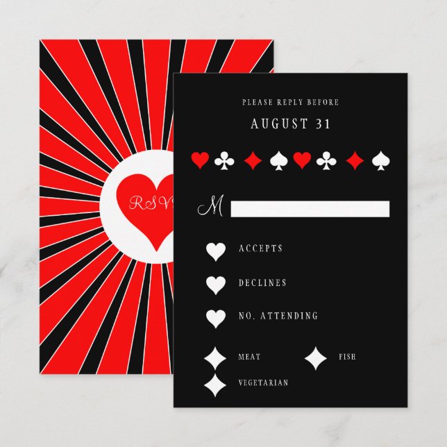 Cartão RSVP Pôquer Cassino Trajes Vermelho e Preto Vegas (Frente/Verso)