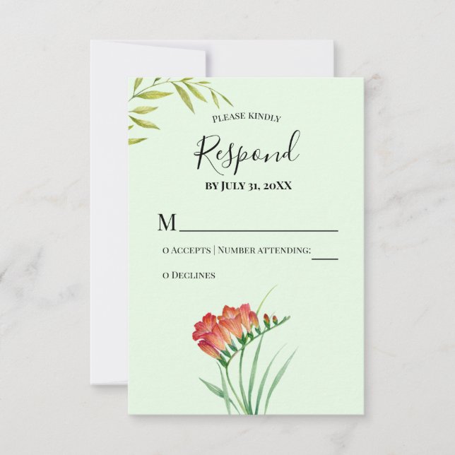 Cartão RSVP Por favor responda Aquarela Laranja Crocosmia Lúci (Frente)