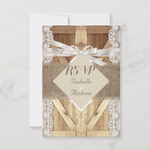 Cartão RSVP Porta de Casamento Rústico Bege Branco com Renda d