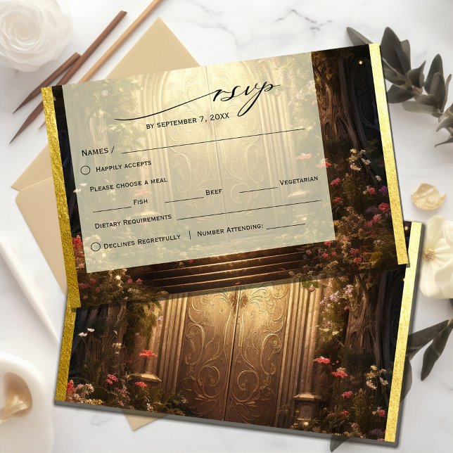 Cartão RSVP Portão de Jardim Encantado (Enchanted Garden Gate RSVP Card #zazzlemade #rsvpcard #olddooringarden #romanticstyle #floralandgold)