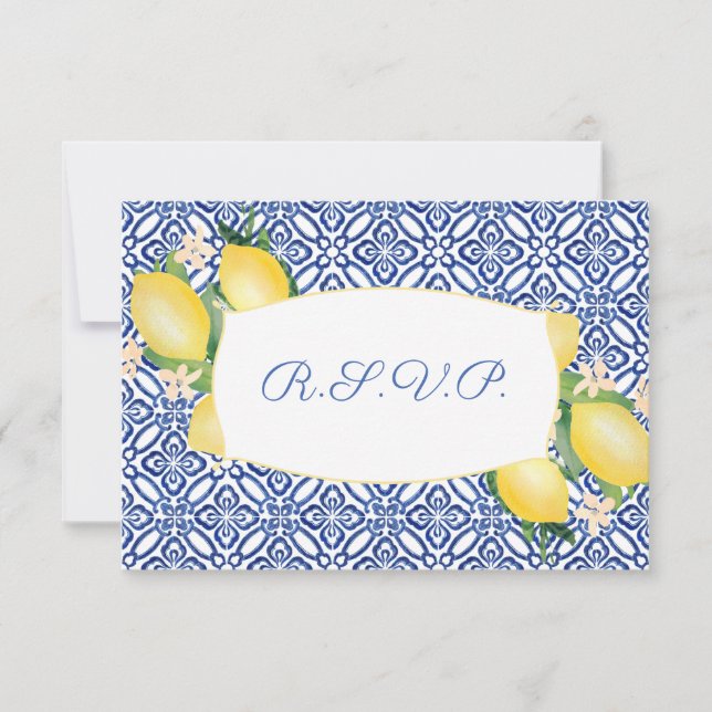 Cartão RSVP Positano Lemons Azulejos Azuis Escolha das Refeiçõ (Frente)