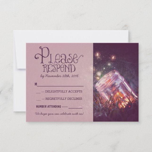 Cartão RSVP potinho de vidro com vaga-lumes casamento rústico  (Frente)