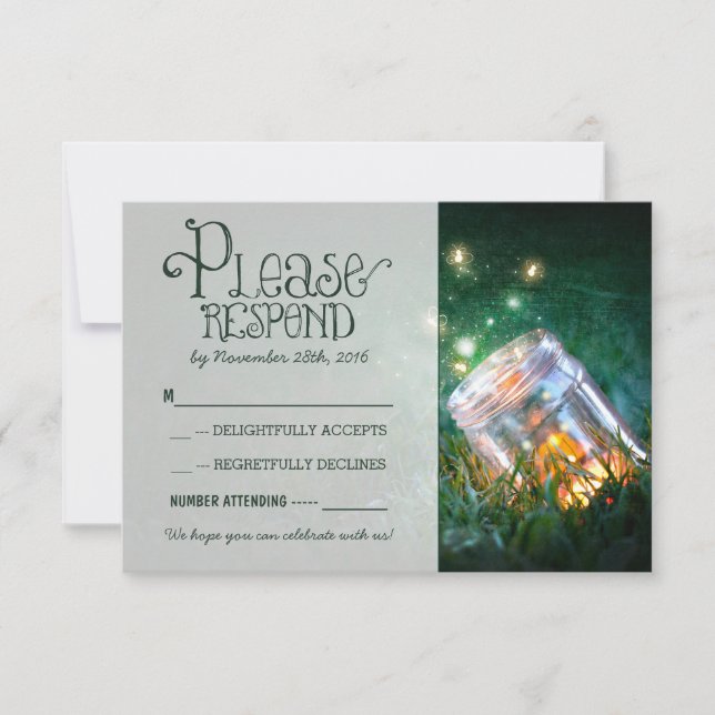 Cartão RSVP potinho de vidro com vaga-lumes casamento rústico  (Frente)