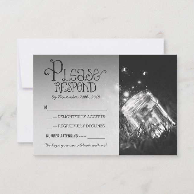 Cartão RSVP potinho de vidro com vaga-lumes casamento rústico  (Frente)