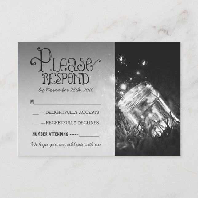Cartão RSVP potinho de vidro com vaga-lumes casamento rústico  (Frente)