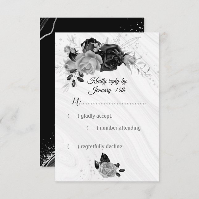Cartão RSVP Prata elegante e flores pretas (Frente/Verso)