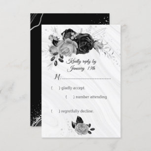 Cartão RSVP Prata elegante e flores pretas