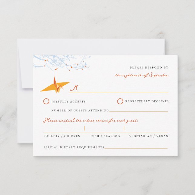 Cartão RSVP Prendendo Origami Papel Laranja Gruas Asiáticas Ca (Frente)