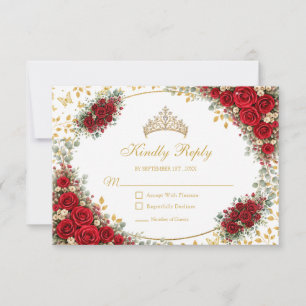 Cartão RSVP Preta e Vermelha Borboleta Dourada Quinceañera