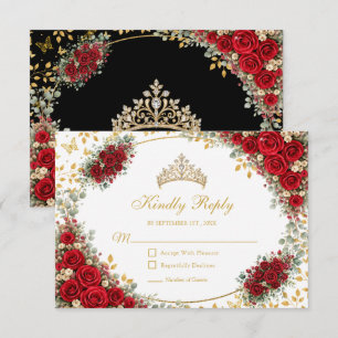 Cartão RSVP Preta e Vermelha Borboleta Dourada Quinceañera