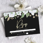 Cartão RSVP Preto Bat Mitzvah Dourado Script Floral Watercolor<br><div class="desc">Tenha orgulho, alegria e comemore este marco do seu Bat Mitzvah favorito com este sofisticado e personalizado cartão de inserção RSVP para o seu evento! Uma aquarela floral chica, atordoante, branca e dourada com falso guião de folha de ouro e serifa branca sobrepõe-se a um fundo preto dramático. Flores aquarelas...</div>