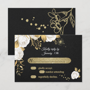 cartão RSVP preto branco de ouro floral