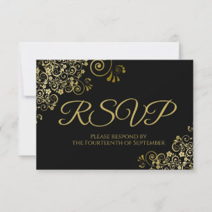 Cartão RSVP Preto Clássico com Casamento Dourado Elegante