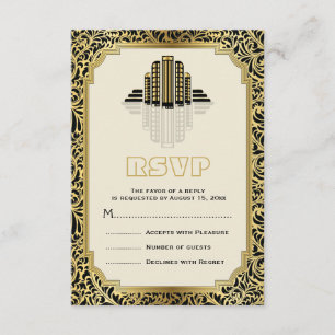 Cartão RSVP Preto das construções do art deco, ouro que